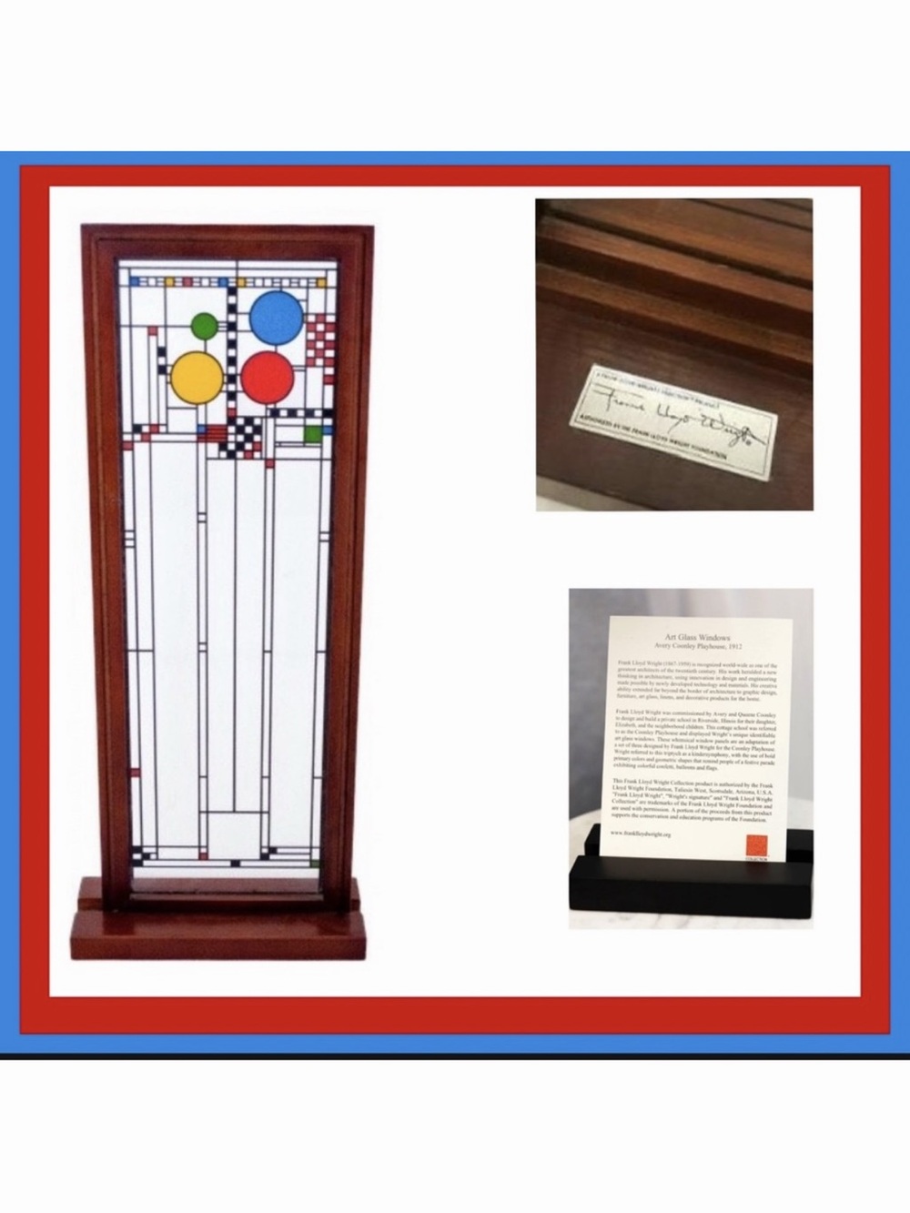 Frank Lloyd Wright MOMA Conley Playhouse Stained Glass Panel/Wood 1997